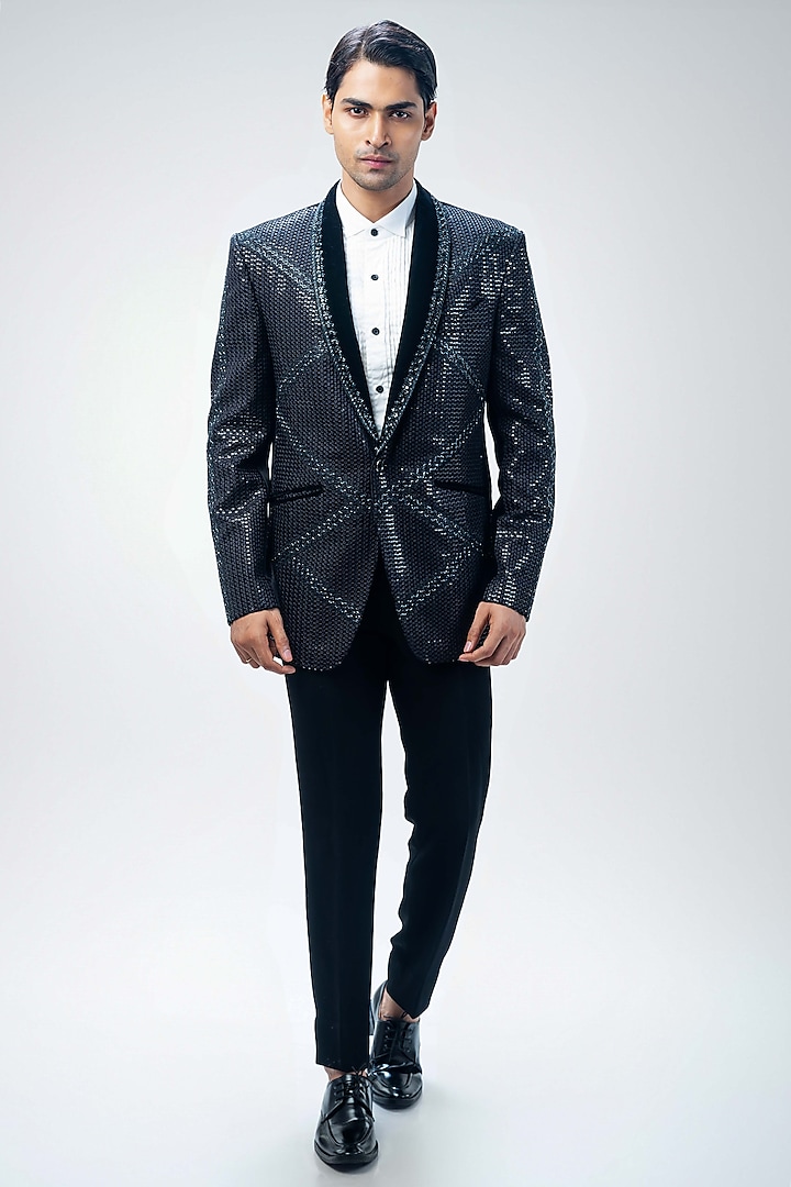 Black Velvet Hand & Machine Embroidered Tuxedo Set by Kommal Sood at Pernia's Pop Up Shop