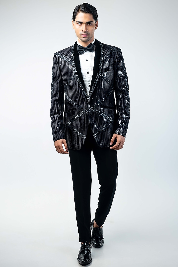 Black Velvet Hand & Machine Embroidered Tuxedo Set by Kommal Sood at Pernia's Pop Up Shop