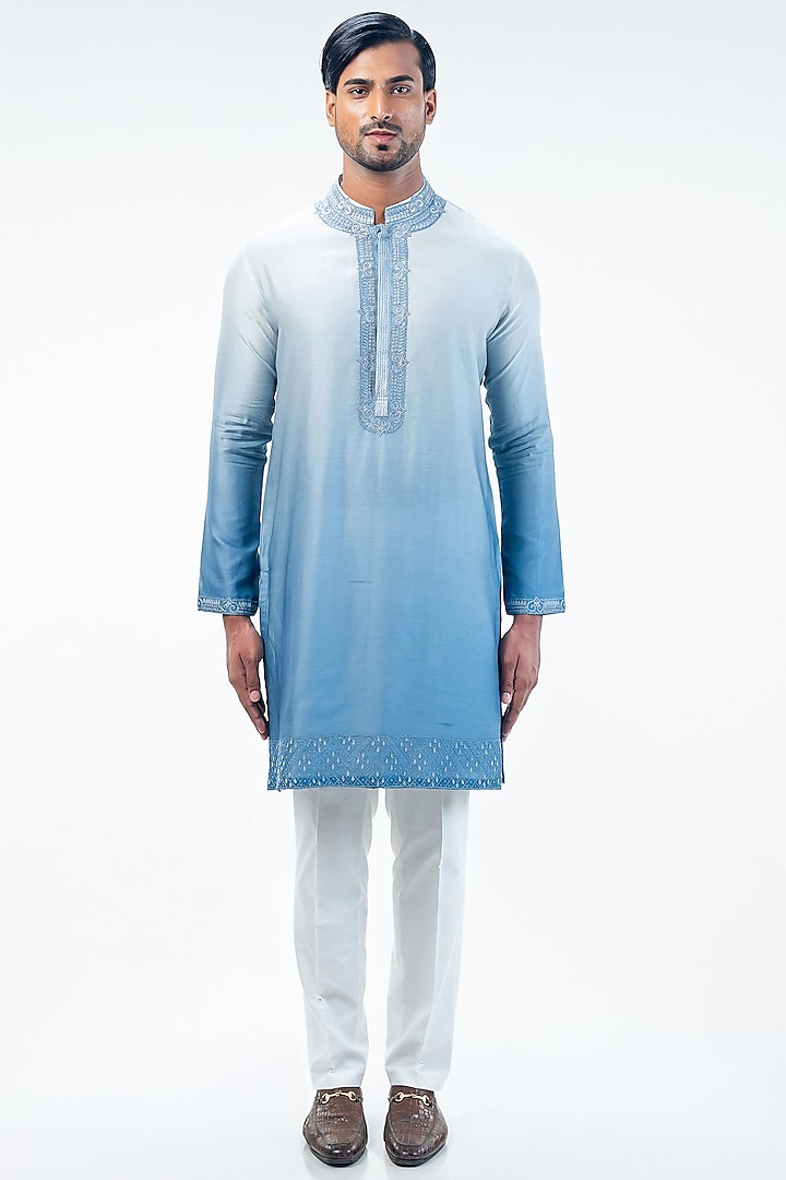 Light Blue Chanderi Ombre Dyed & Embroidered Kurta Set by Kommal Sood