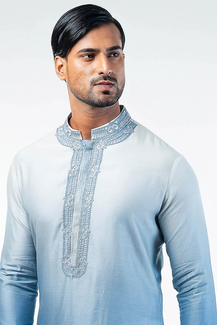 Light Blue Chanderi Ombre Dyed & Embroidered Kurta Set by Kommal Sood at Pernia's Pop Up Shop