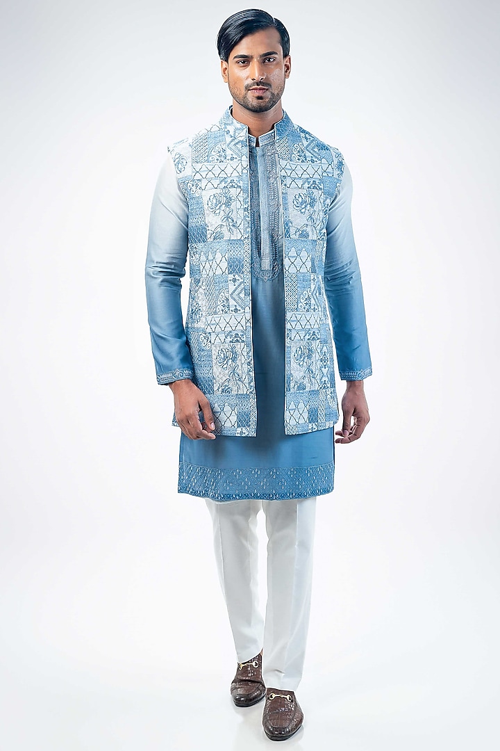 Light Blue Chanderi Digital Printed & Embroidered Bundi Jacket Set by Kommal Sood