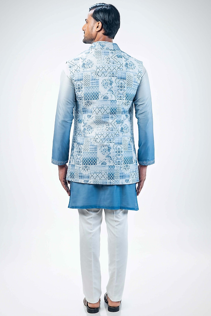 Light Blue Chanderi Digital Printed & Embroidered Bundi Jacket Set by Kommal Sood at Pernia's Pop Up Shop