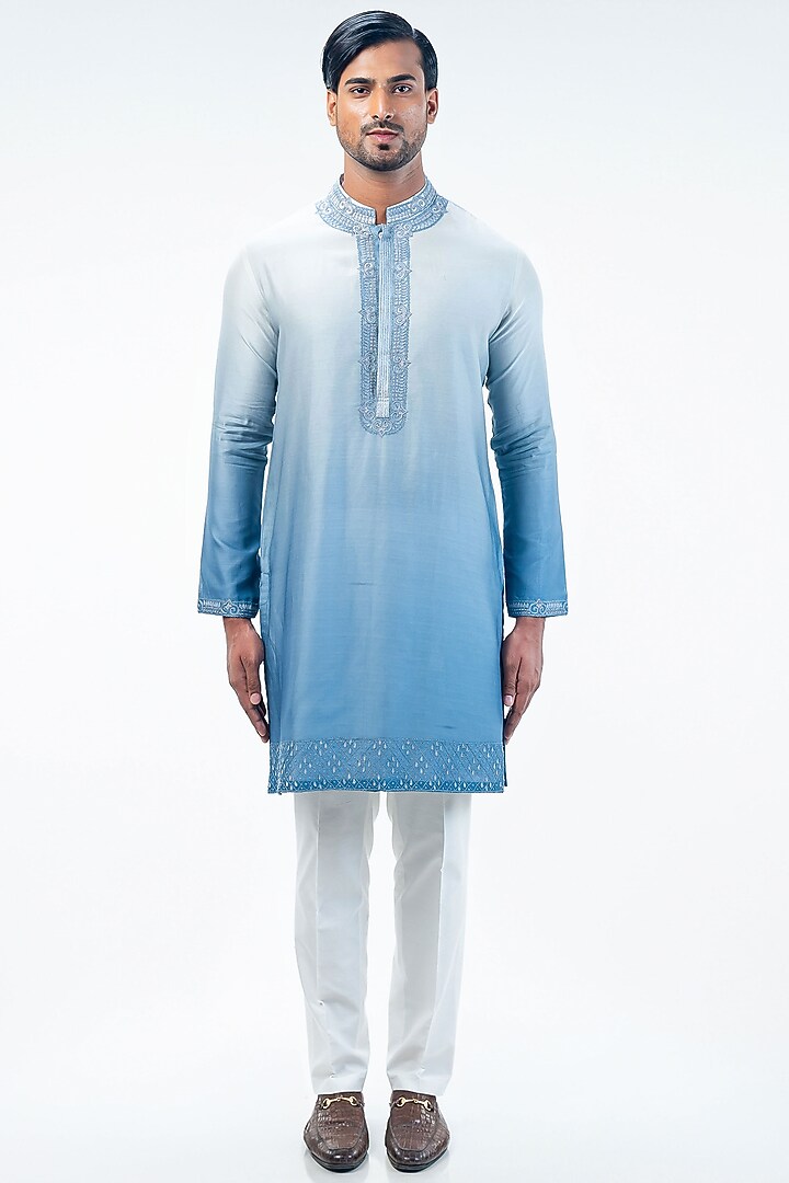 Light Blue Chanderi Digital Printed & Embroidered Bundi Jacket Set by Kommal Sood at Pernia's Pop Up Shop