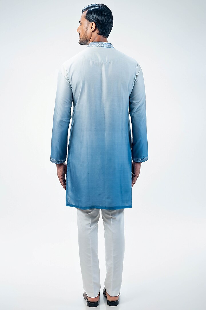 Light Blue Chanderi Digital Printed & Embroidered Bundi Jacket Set by Kommal Sood at Pernia's Pop Up Shop