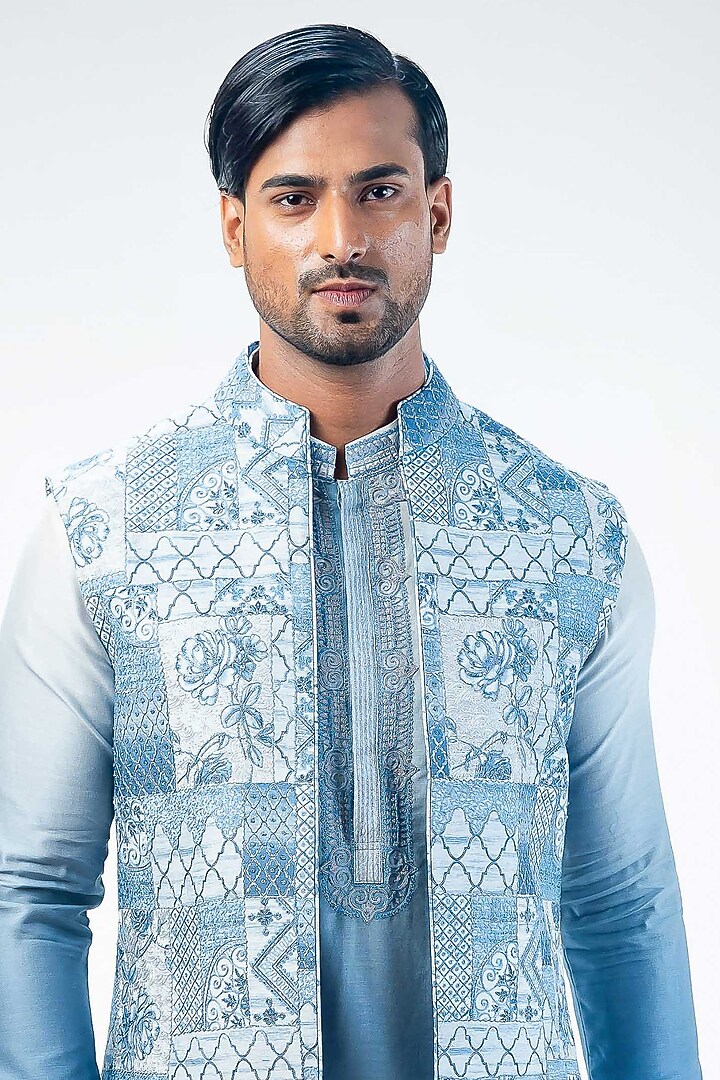 Light Blue Chanderi Digital Printed & Embroidered Bundi Jacket Set by Kommal Sood at Pernia's Pop Up Shop