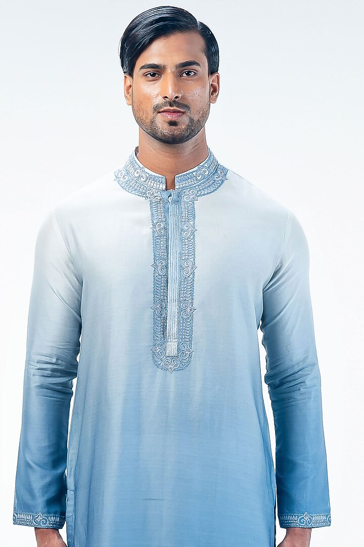 Light Blue Chanderi Digital Printed & Embroidered Bundi Jacket Set by Kommal Sood at Pernia's Pop Up Shop