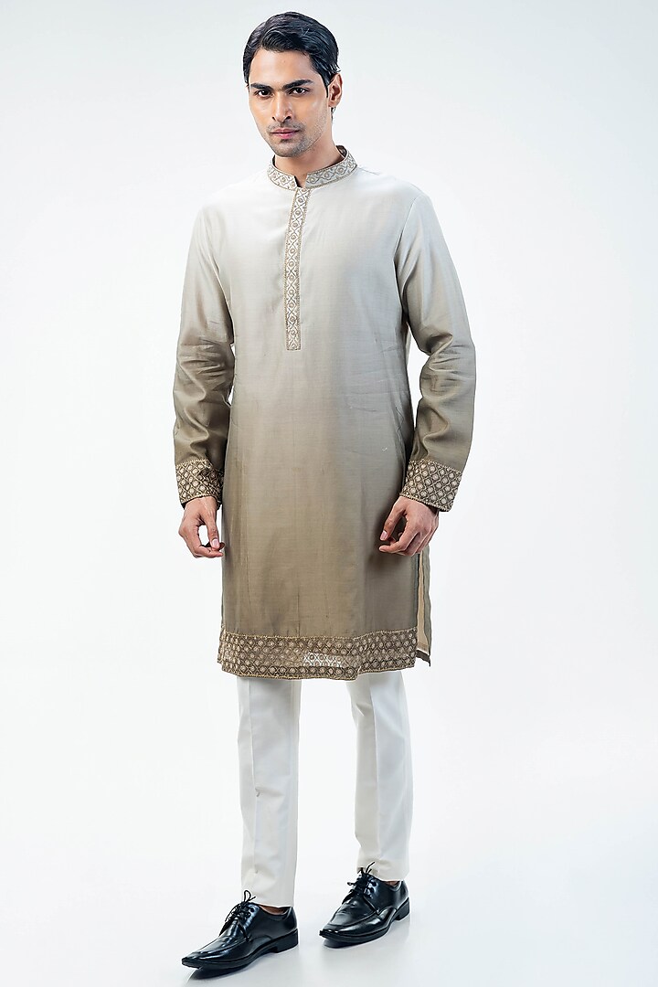 Olive Green Chanderi Ombre Dyed & Embroidered Kurta Set by Kommal Sood