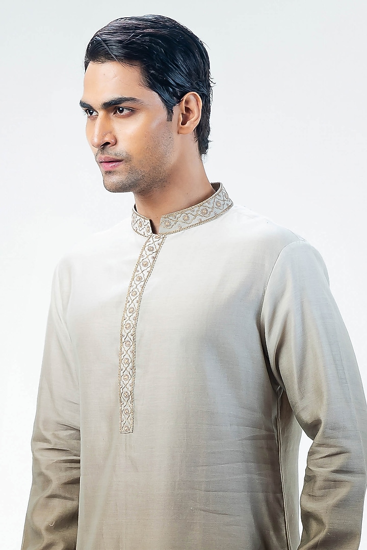 Olive Green Chanderi Ombre Dyed & Embroidered Kurta Set by Kommal Sood at Pernia's Pop Up Shop