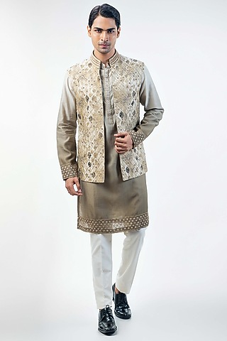 Olive Green Chanderi Digital Printed & Embroidered Bundi Jacket Set by Kommal Sood