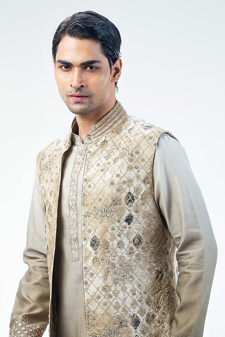 Olive Green Chanderi Digital Printed & Embroidered Bundi Jacket Set by Kommal Sood at Pernia's Pop Up Shop