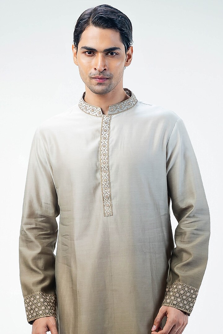 Olive Green Chanderi Digital Printed & Embroidered Bundi Jacket Set by Kommal Sood at Pernia's Pop Up Shop