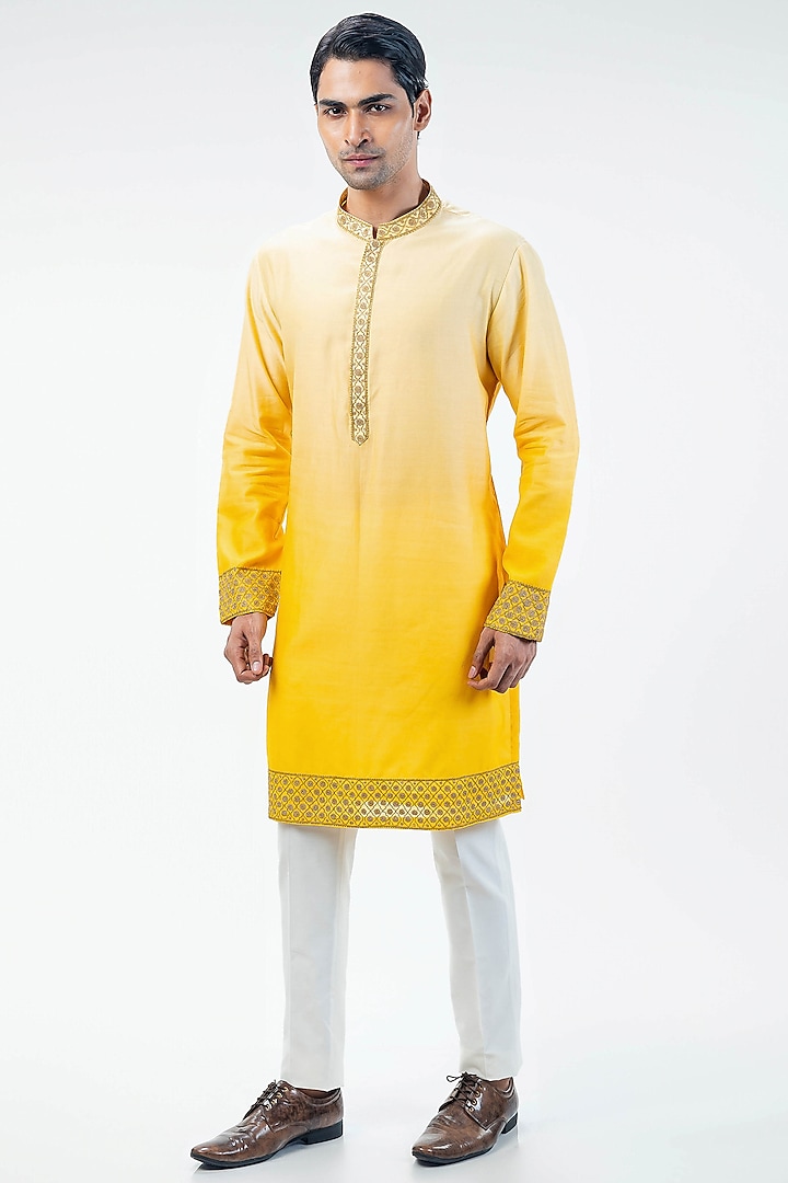 Yellow Chanderi Ombre Dyed & Embroidered Kurta Set by Kommal Sood