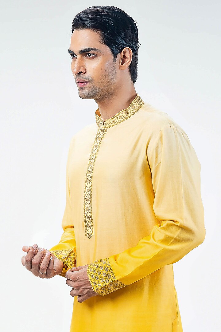 Yellow Chanderi Ombre Dyed & Embroidered Kurta Set by Kommal Sood at Pernia's Pop Up Shop