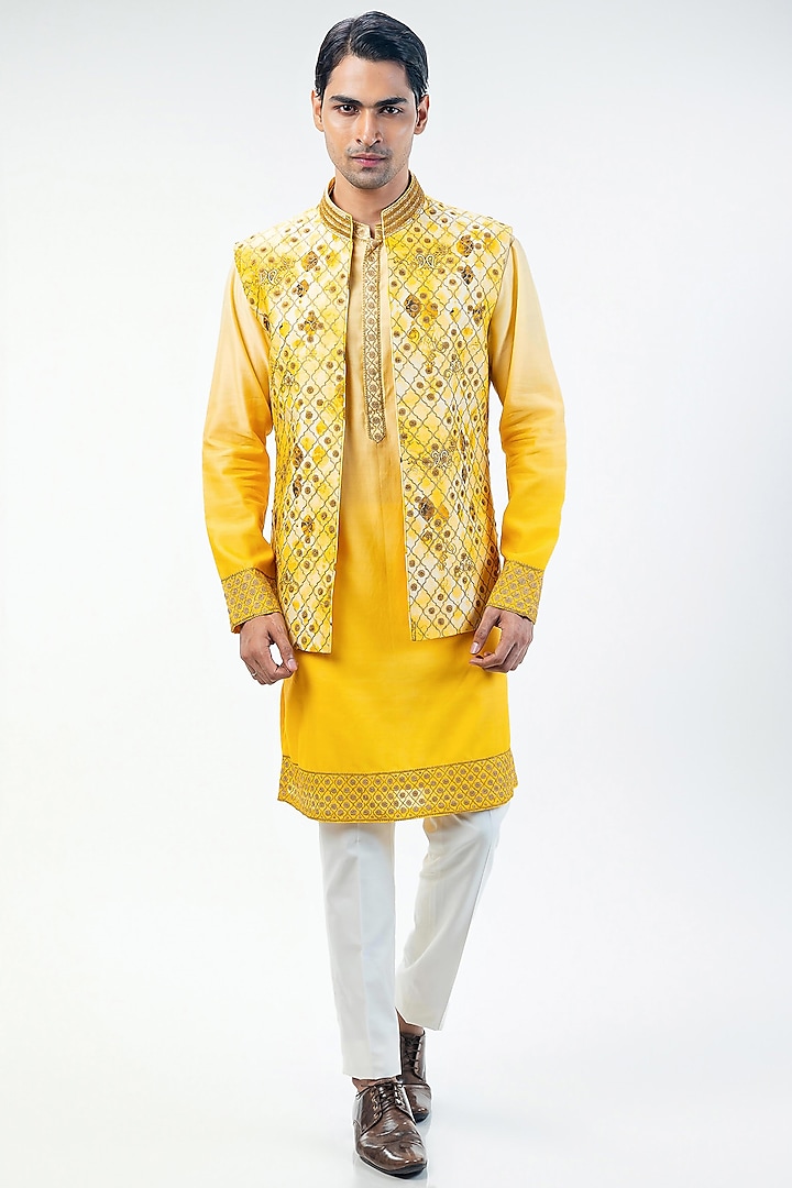 Yellow Chanderi Digital Printed & Embroidered Bundi Jacket Set by Kommal Sood