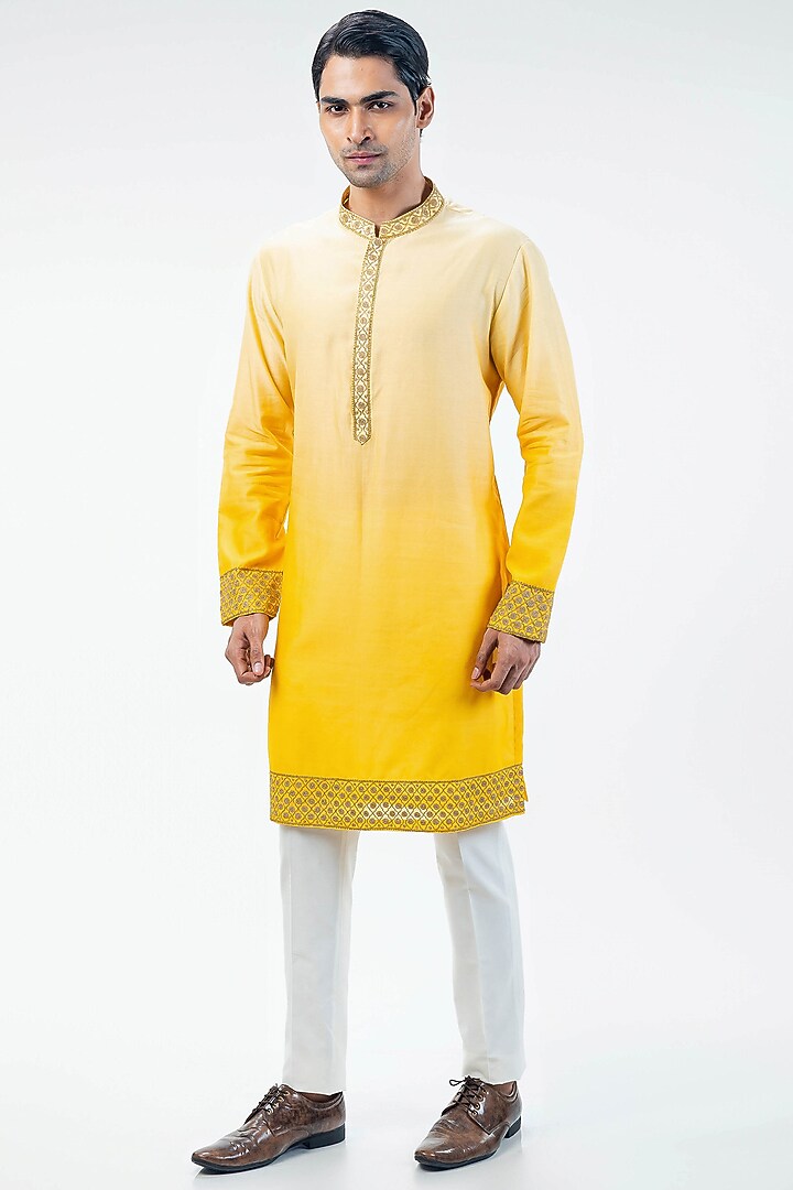 Yellow Chanderi Digital Printed & Embroidered Bundi Jacket Set by Kommal Sood at Pernia's Pop Up Shop