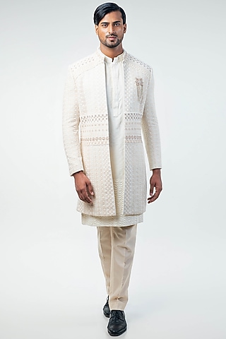 Off-White Georgette Cotton Silk Embroidered Indo-Western Set by Kommal Sood