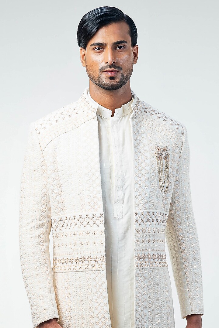 Off-White Georgette Cotton Silk Embroidered Indo-Western Set by Kommal Sood at Pernia's Pop Up Shop