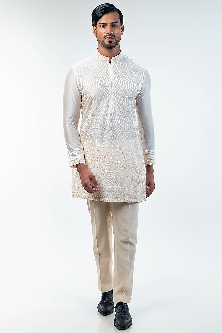 Off-White Cotton Silk & Chanderi Embroidered Kurta Set by Kommal Sood