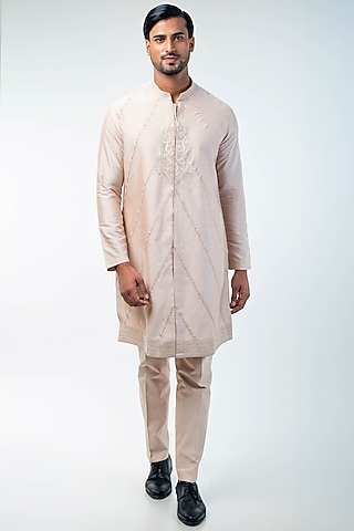 Rose Pink Cotton Silk Machine & Hand Embroidered Kurta Set by Kommal Sood