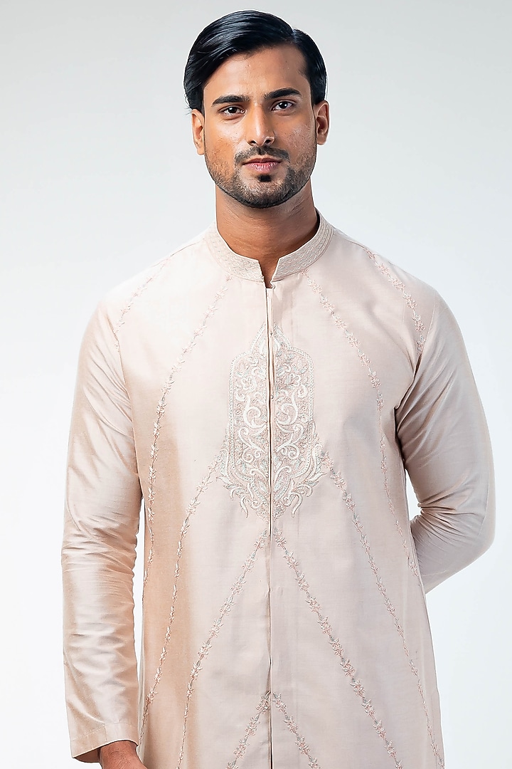 Rose Pink Cotton Silk Machine & Hand Embroidered Kurta Set by Kommal Sood at Pernia's Pop Up Shop