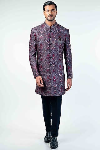 Grey Jacquard Digital Printed & Embroidered Indo-Western Set by Kommal Sood