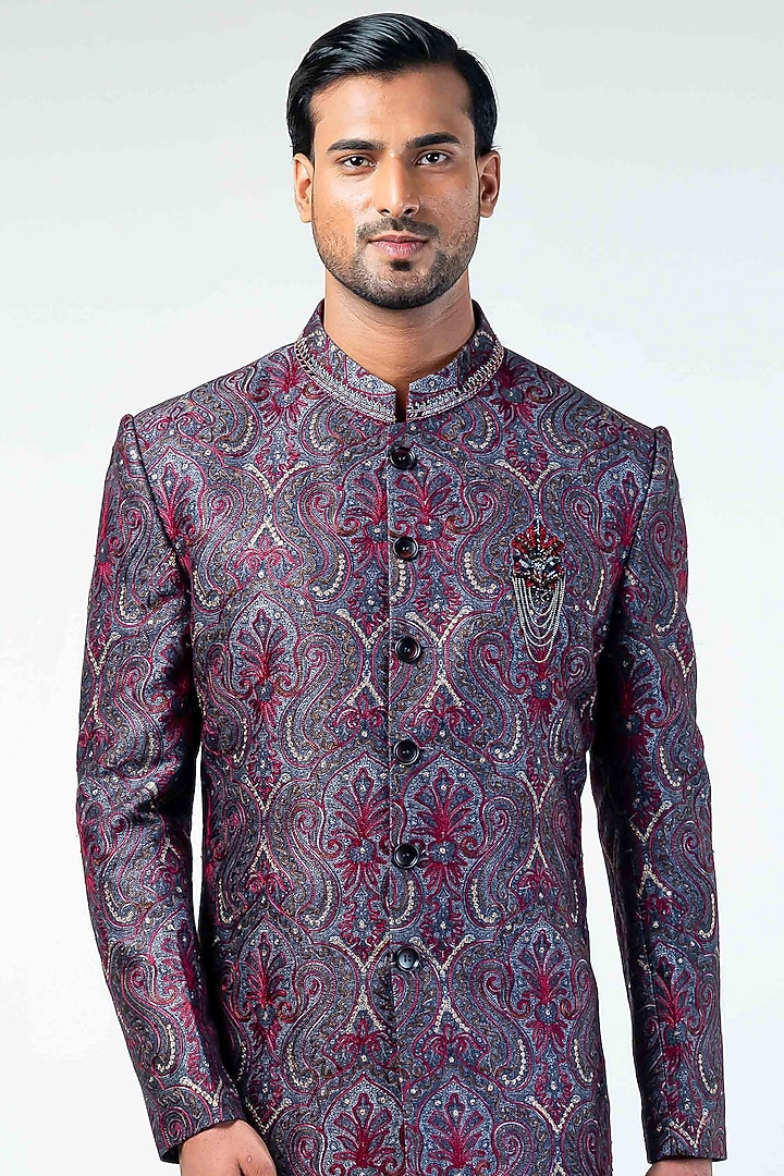 Grey Jacquard Digital Printed & Embroidered Indo-Western Set by Kommal Sood at Pernia's Pop Up Shop