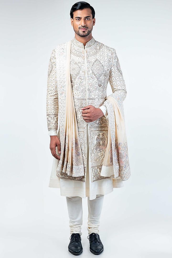 Off-White Raw Silk Hand & Machine Embroidered Sherwani Set by Kommal Sood