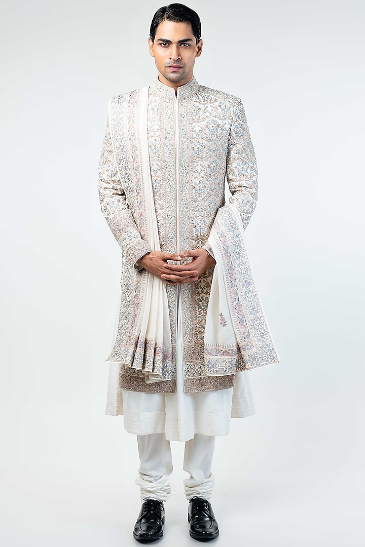 Off-White Dupion Silk Hand & Machine Embroidered Sherwani Set by Kommal Sood