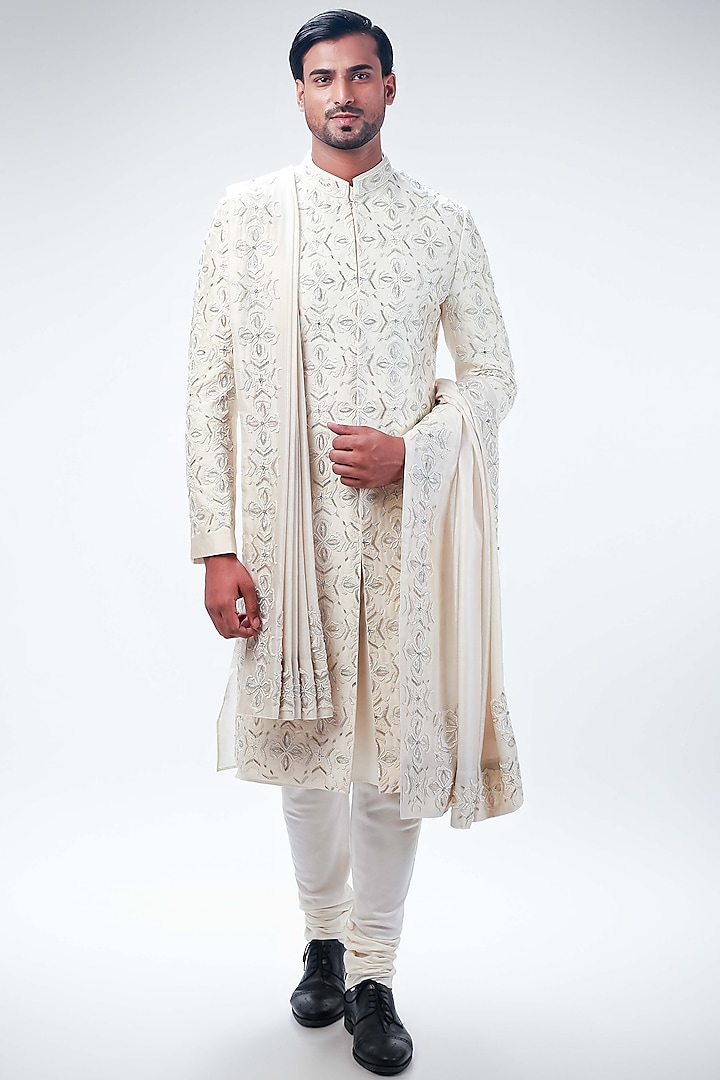 Off-White Dupion Silk Hand Embroidered Sherwani Set by Kommal Sood