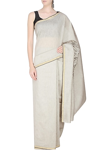 Grey Shri Harivansh Rai Bachchan's Poetry Hand Painted Saree by Likhawat