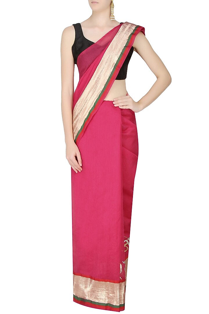 Hot pink age old Radha Krishna Love songs hand painted saree available only at Pernia's Pop Up Shop.