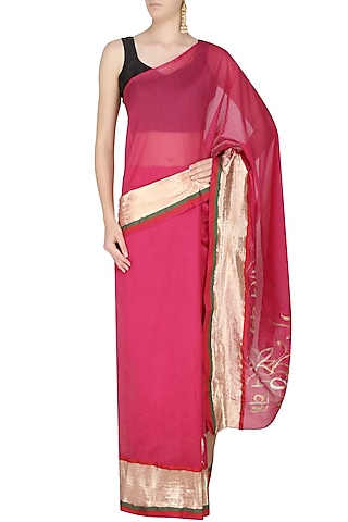 Hot Pink Age Old Radha Krishna Love Songs Hand Painted Saree by Likhawat