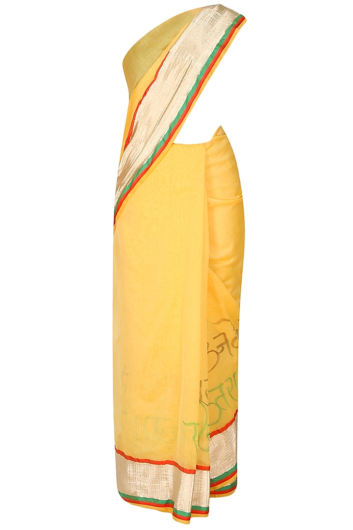 Sun Yellow Shri Krishna's Illustration Hand Painted Saree by Likhawat