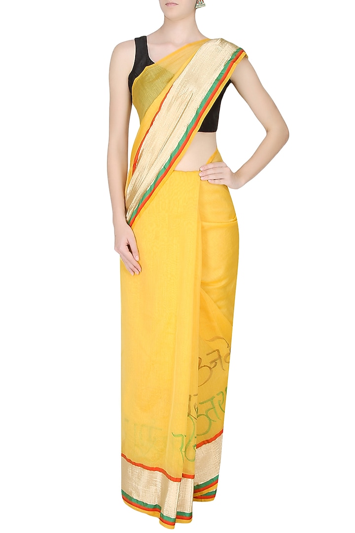 Sun yellow Shri Krishna's illustration hand painted saree available only at Pernia's Pop Up Shop.
