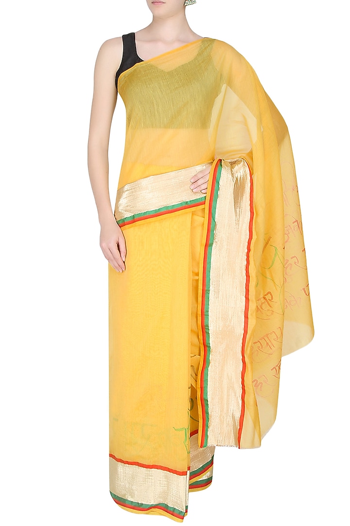 Sun yellow Shri Krishna's illustration hand painted saree available only at Pernia's Pop Up Shop.