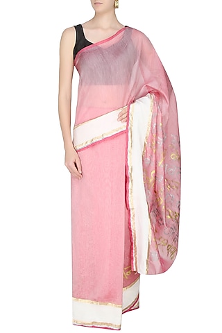 Onion Pink Shri Harivansh Rai Bachchan's Poetry Hand Painted Saree by Likhawat