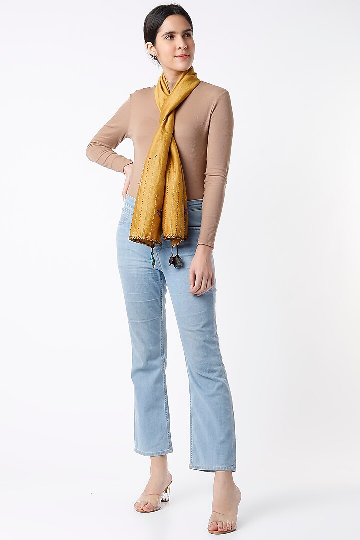 Mustard Embroidered Scarf by Label Meesa at Pernia's Pop Up Shop