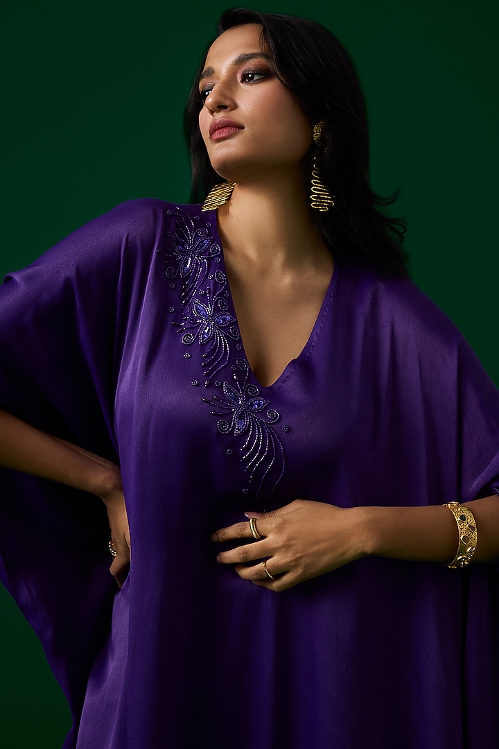Purple Orange Peel Fabric Crystal Hand Embroidered Kaftan Set by Label Meesa at Pernia's Pop Up Shop