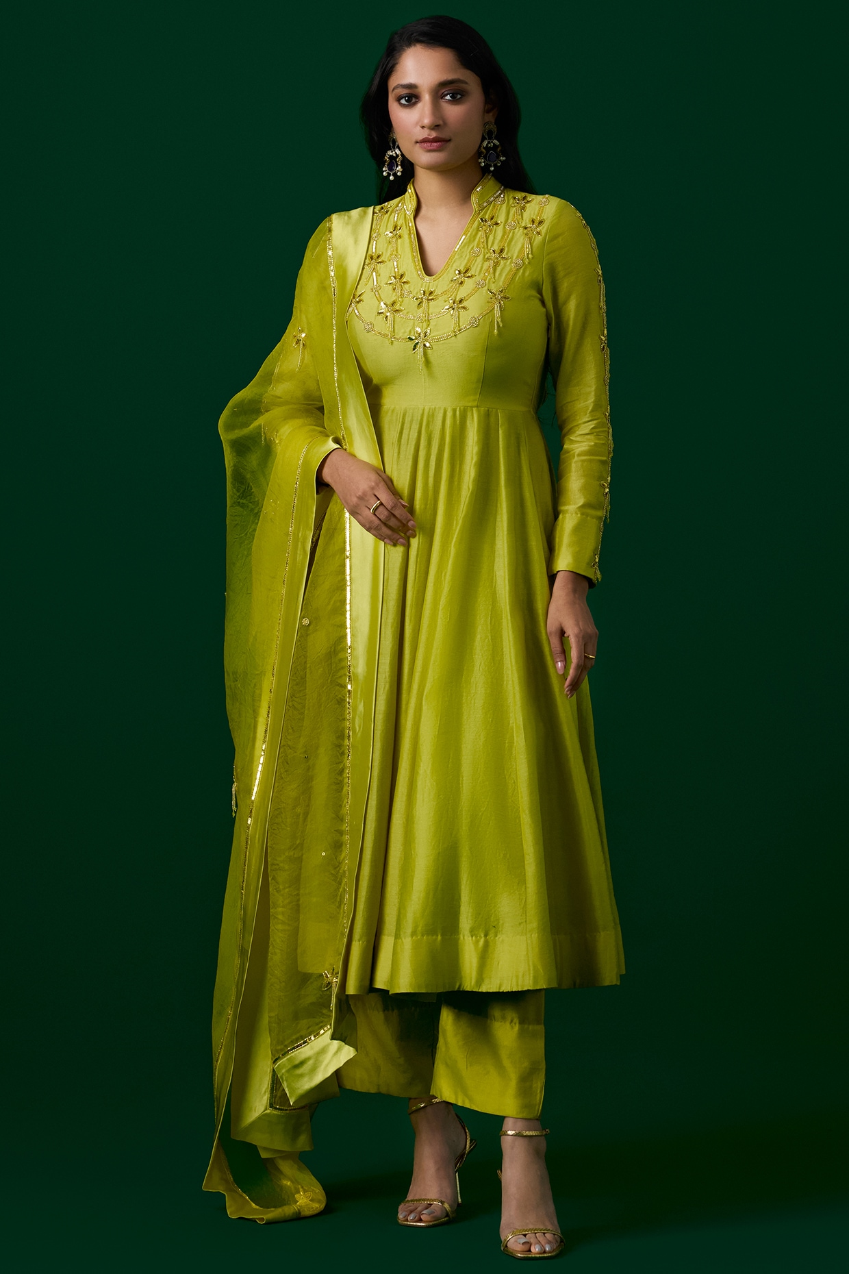 Label Meesa Lime Green Chanderi Silk Crystal Hand Embroidered Anarkali Set
