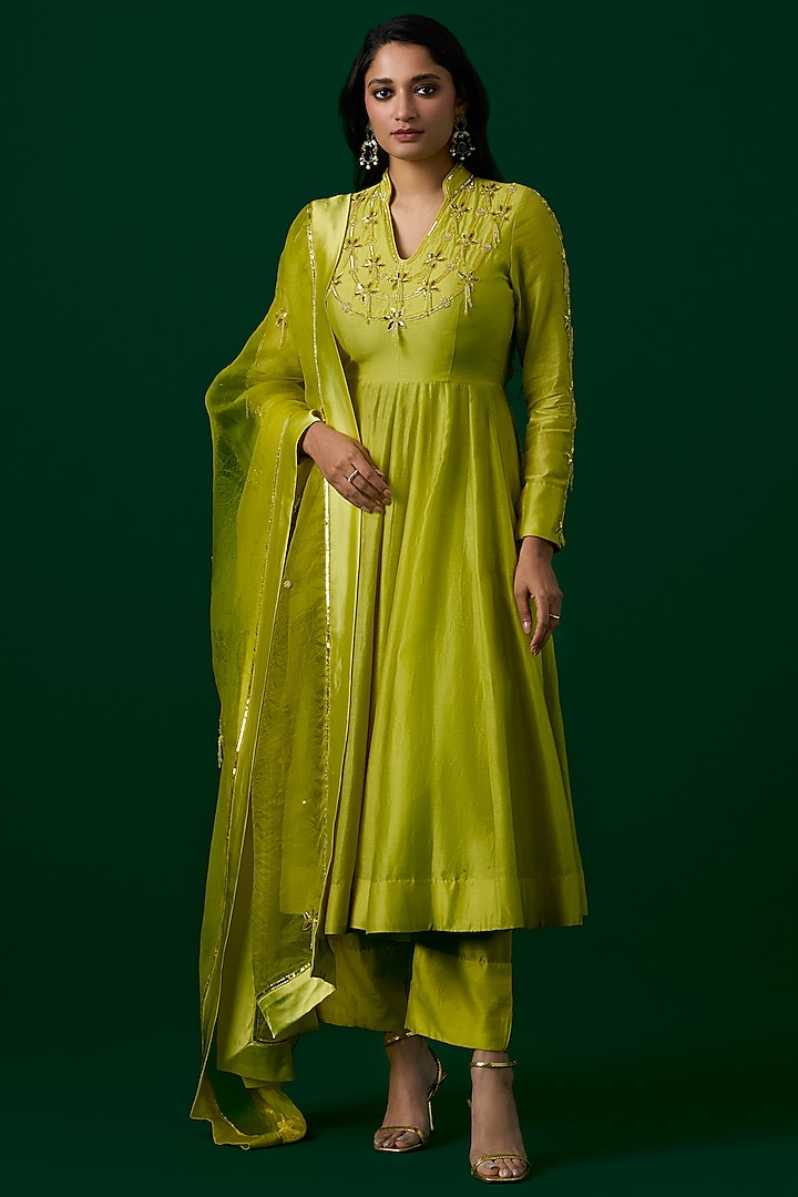 Lime Green Chanderi Silk Crystal Hand Embroidered Anarkali Set by Label Meesa