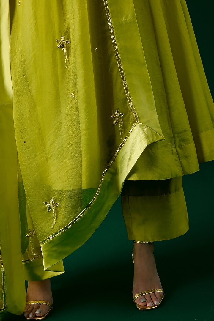 Lime Green Chanderi Silk Crystal Hand Embroidered Party Wear Anarkali Set by Label Meesa at Pernia's Pop Up Shop
