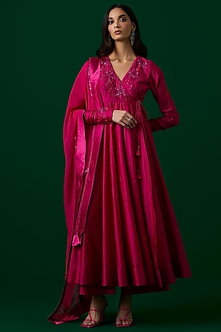 Fuchsia Chanderi Silk Crystal Hand Embroidered Anarkali Set by Label Meesa