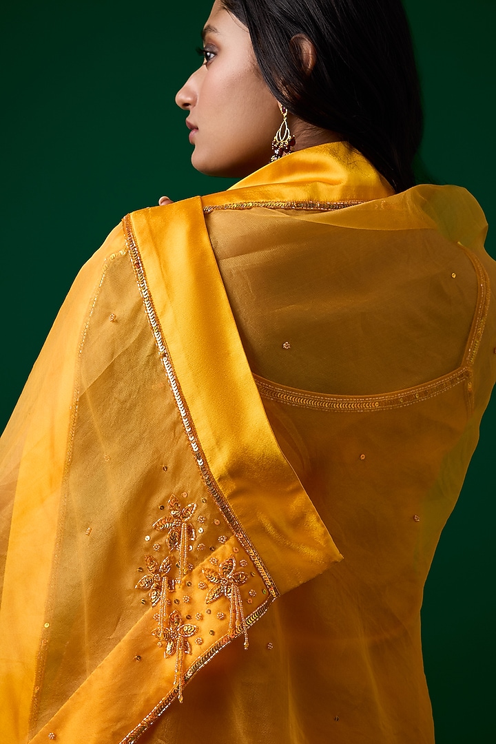 Mustard Yellow Chanderi Silk Crystal Hand Embroidered Party Wear Sharara Set by Label Meesa at Pernia's Pop Up Shop