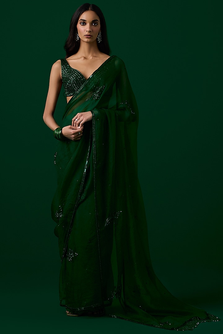 Bottle Green Organza Motifs & Crystal Hand Embroidered Saree Set by Label Meesa