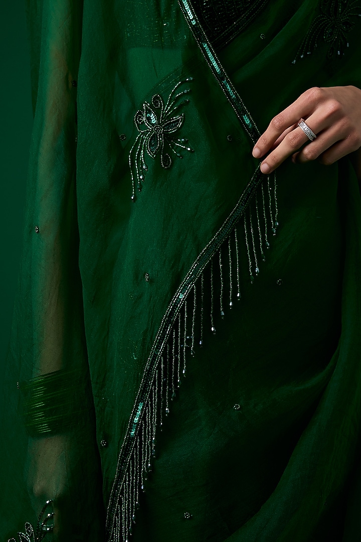 Bottle Green Organza Motifs & Crystal Hand Embroidered Party Wear Saree Set by Label Meesa at Pernia's Pop Up Shop