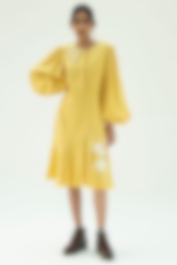 Yellow Iris Hand Embroidered Dress by Label Meesa
