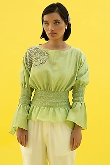 Green Silk Lehenga: Full sleeve Blouse & Ruffle Hem Skirt – B Anu