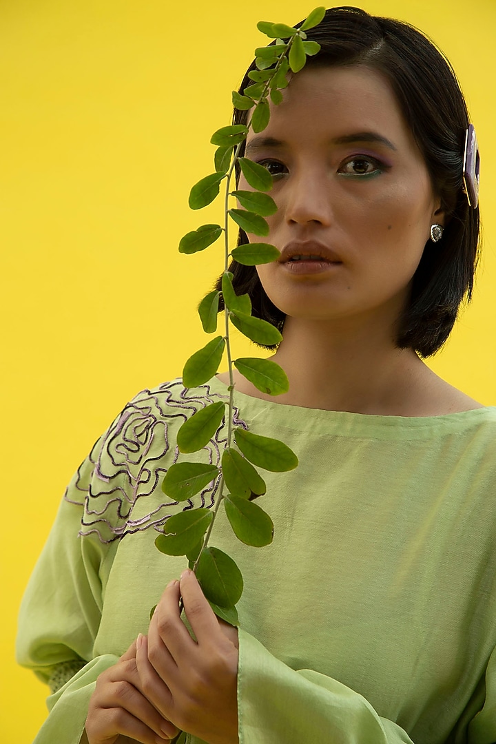 Lettuce Green Hand Embroidered Top by Label Meesa at Pernia's Pop Up Shop