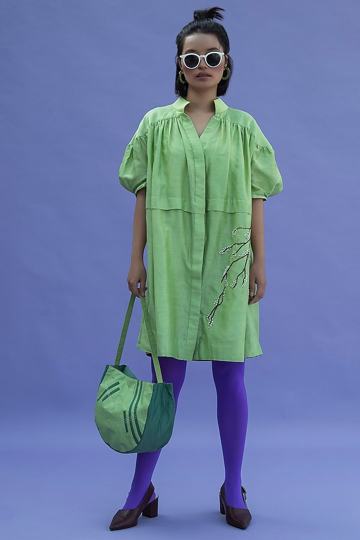 Lettuce Green Hand Embroidered Dress by Label Meesa