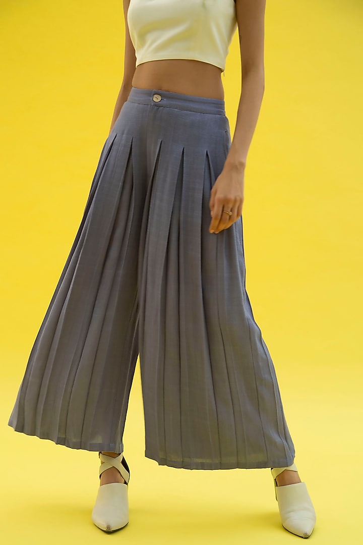 Tradewind Blue Box Pleated Trousers by Label Meesa at Pernia's Pop Up Shop
